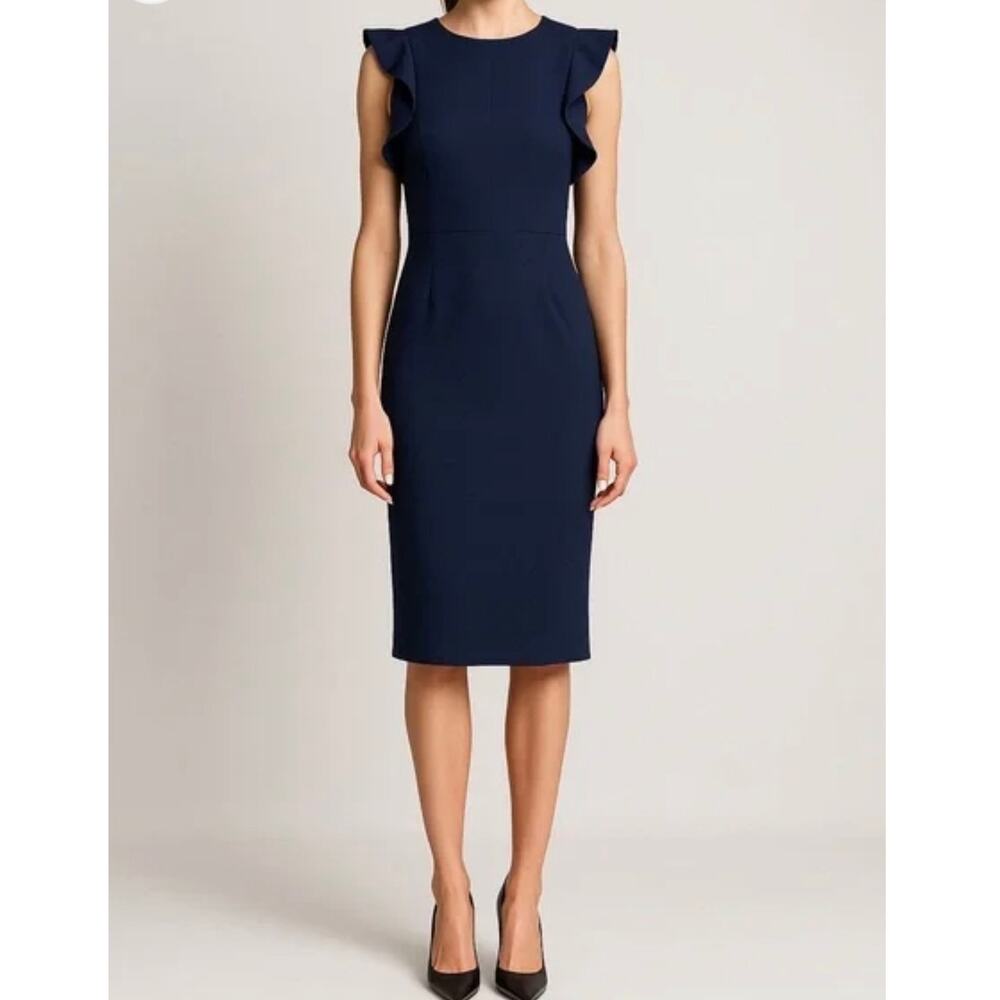 J.Crew Navy Blue Ruffle-Sleeve Sheath Dress Wool Women's 2 Lined Career Office